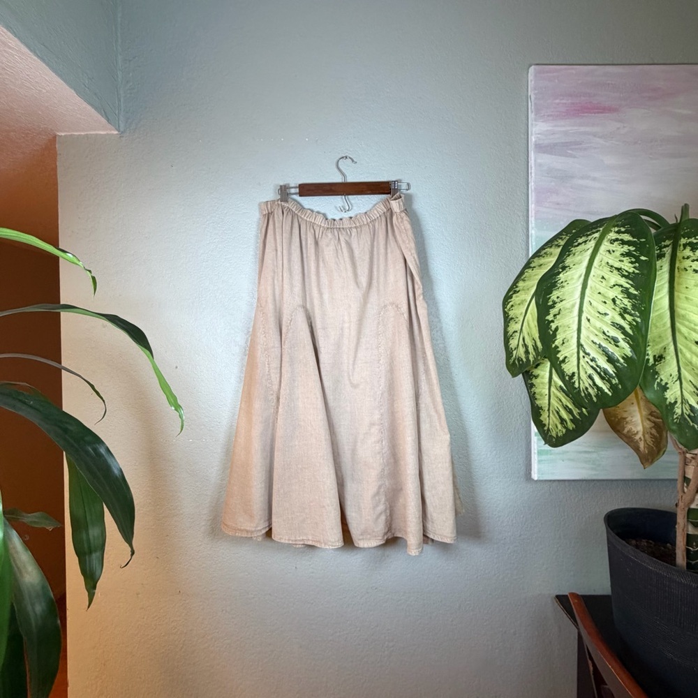 Keren Hart Cotton Tan Lightweight Flowy Coastal Bohemian A Line Midi Skirt L